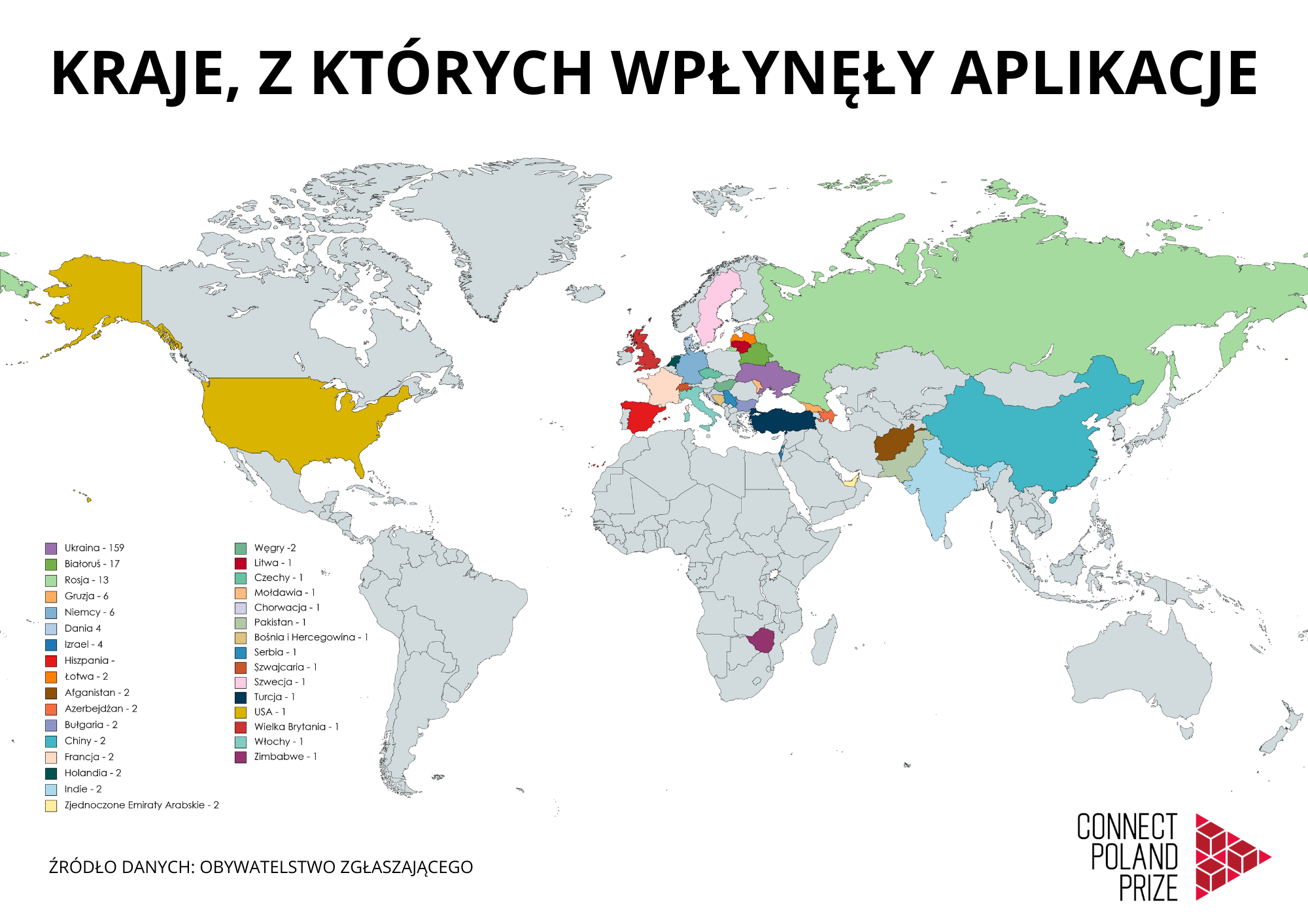 mapka z zaznaczonymi krajami, z których wpłynęły aplikacje